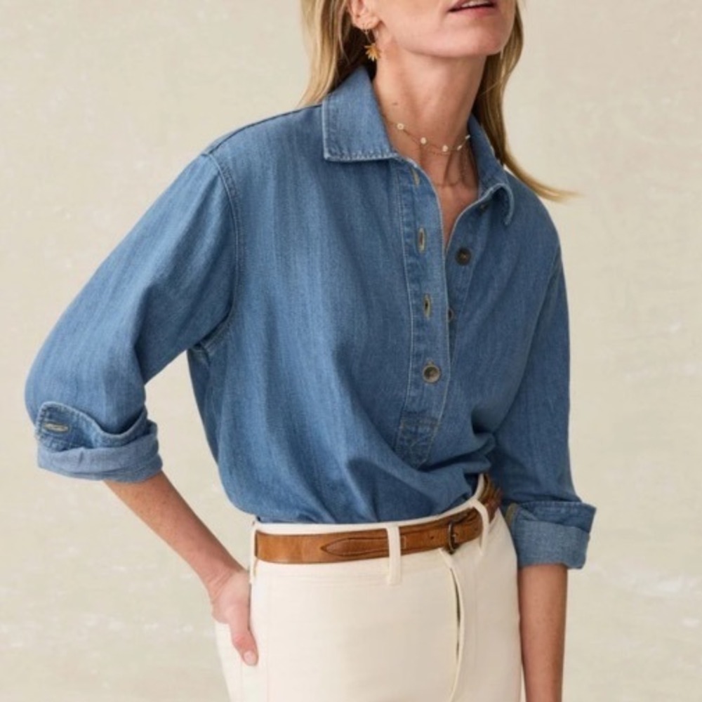 Faherty Linen Denim Oceanview Top Shirt Coastal Cloud Wash Pullover - XLarge